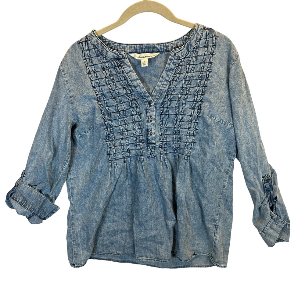 Tantrums Womens Medium Blue Acid Wash Cotton Pintuck V-Neck Roll Tab Sleeve Top